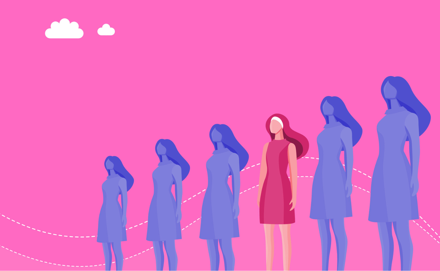 women standing in a row with pink background