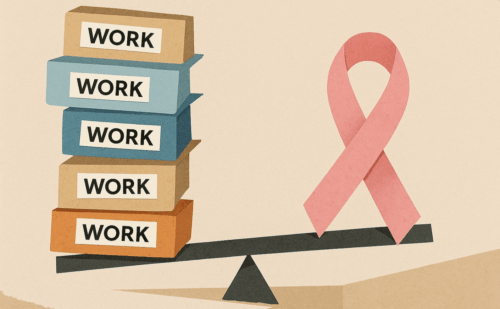 a scale with work and a breast cancer ribbon