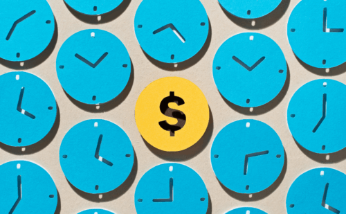 Illustration of clocks with a dollar sign in the center