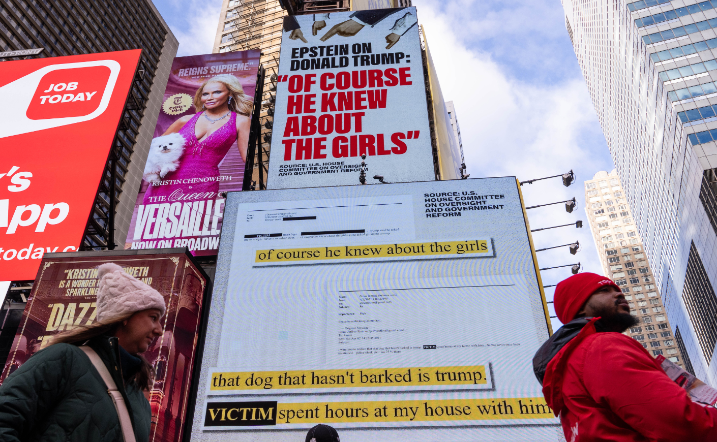 Billboards containing a line from Epstein's emails: "of course he knew about the girls"