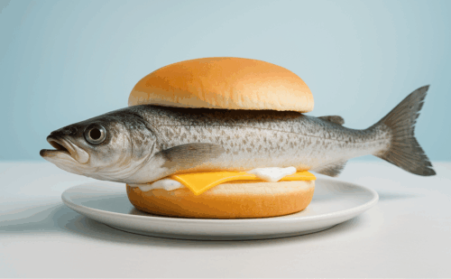Photo illustration of a pollock fish between two hamburger buns
