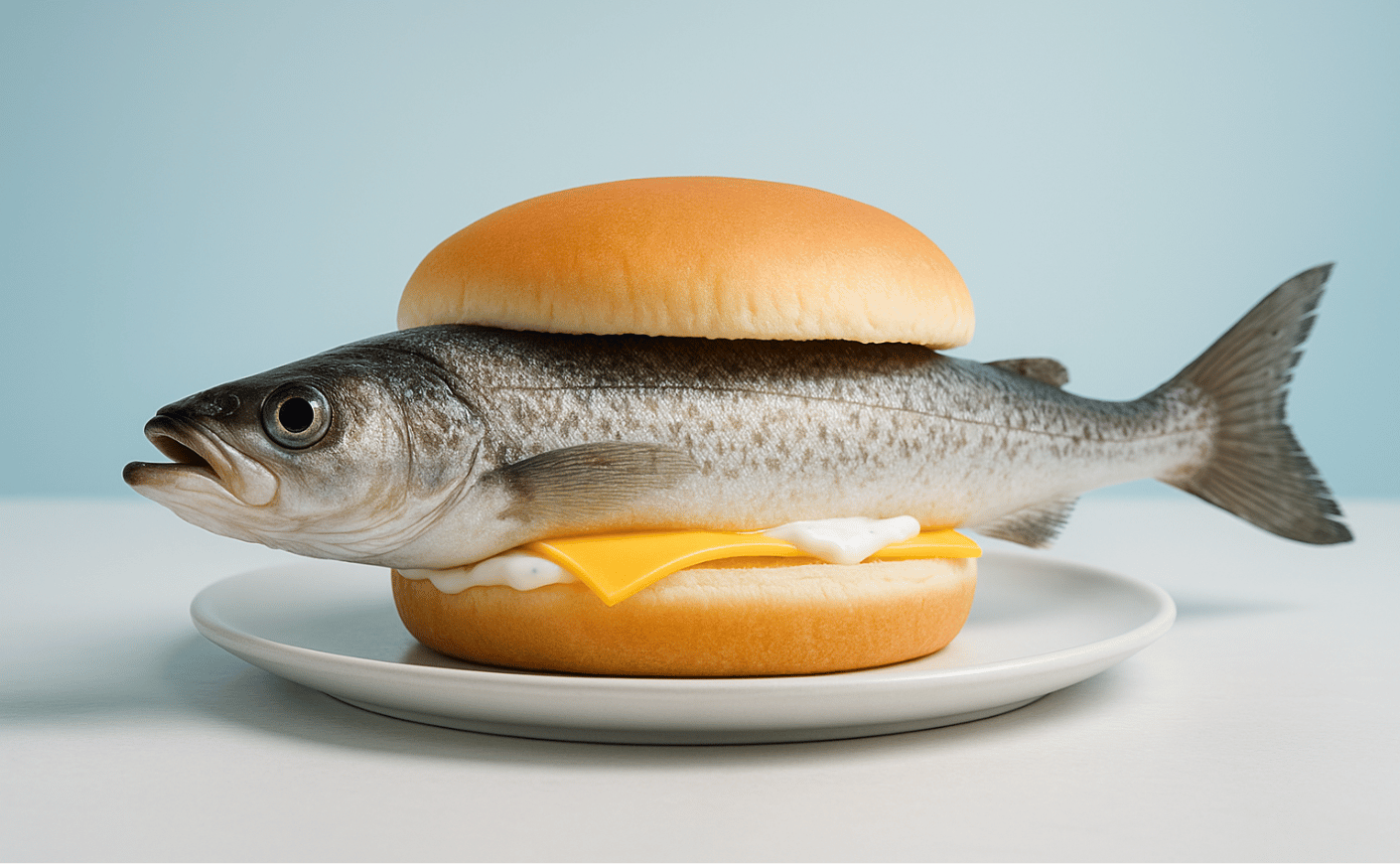 Photo illustration of a pollock fish between two hamburger buns