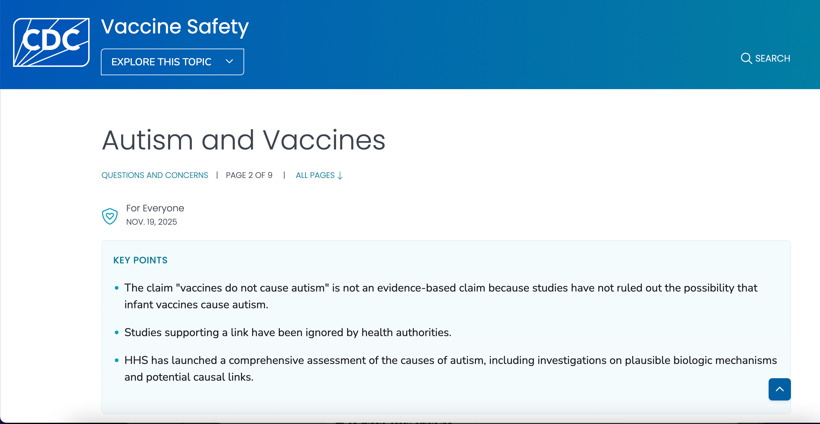 A screengrab of the CDC's new page on vaccines and autism.