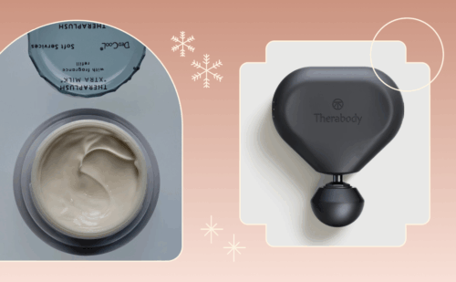 collage of a lotion and theragun mini