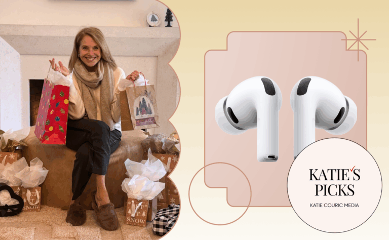 collage of katie couric holding gift bags and airpods