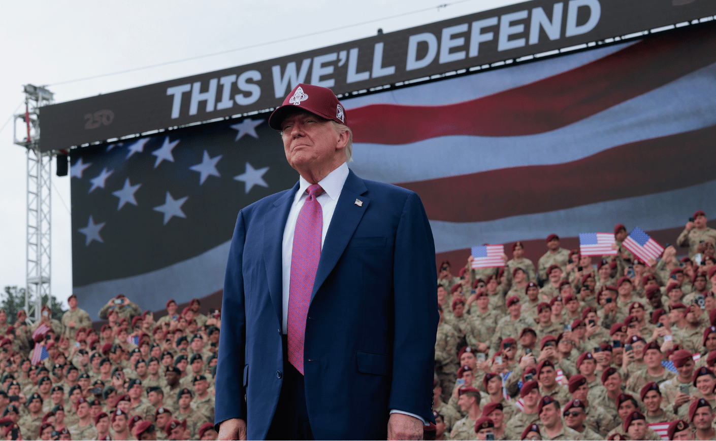 President Donald Trump takes the stage during a rally with U.S. Army troops on June 10, 2025, at Fort Bragg, North Carolina.
