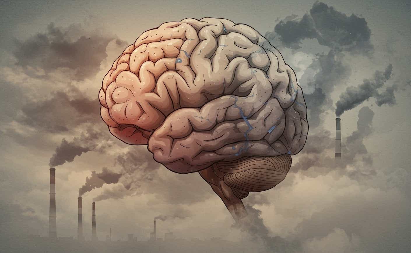 a brain surrounded by polluted air and smoke stacks