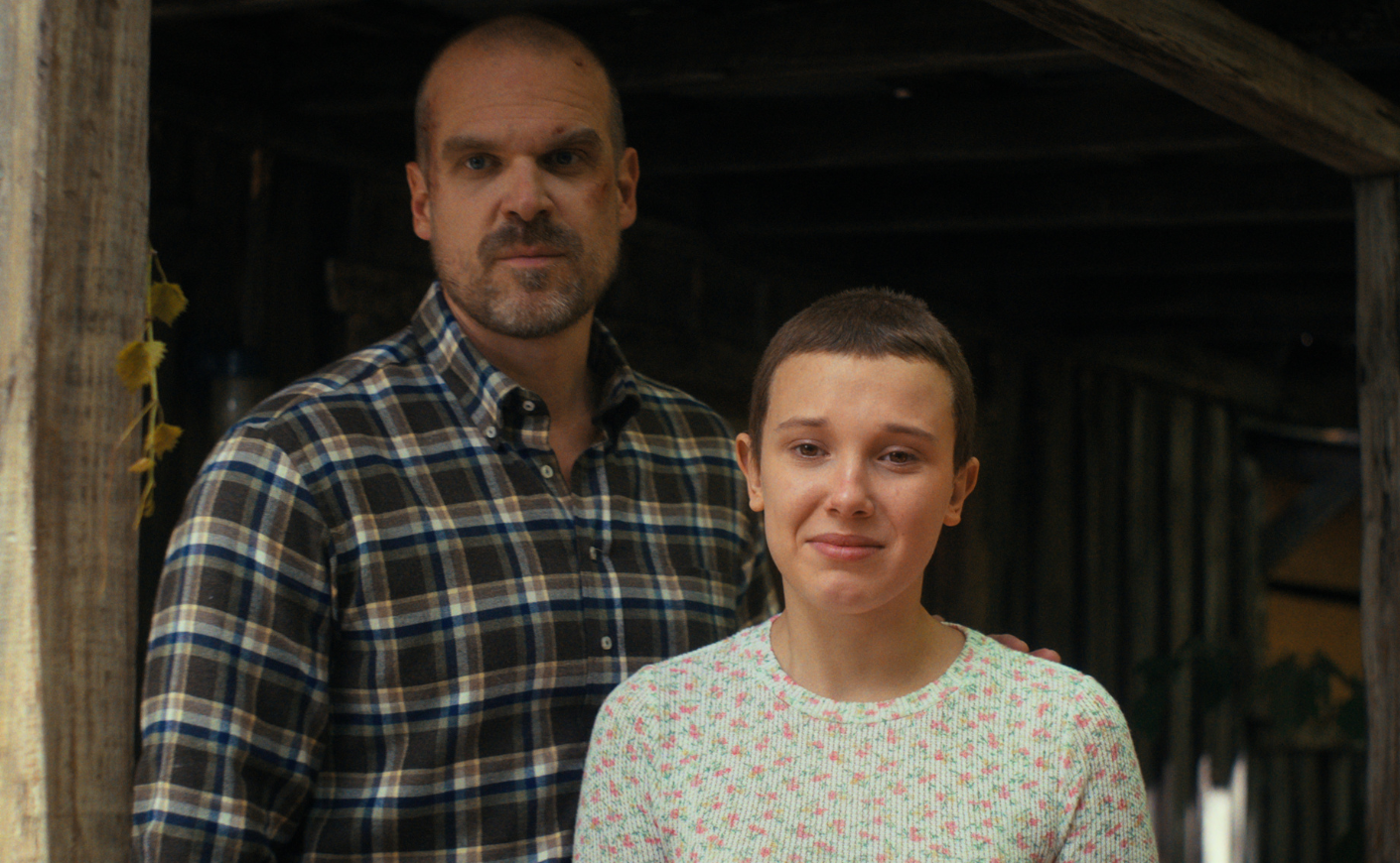 Still from Stranger Things depicting David Harbour and Millie Bobby Brown