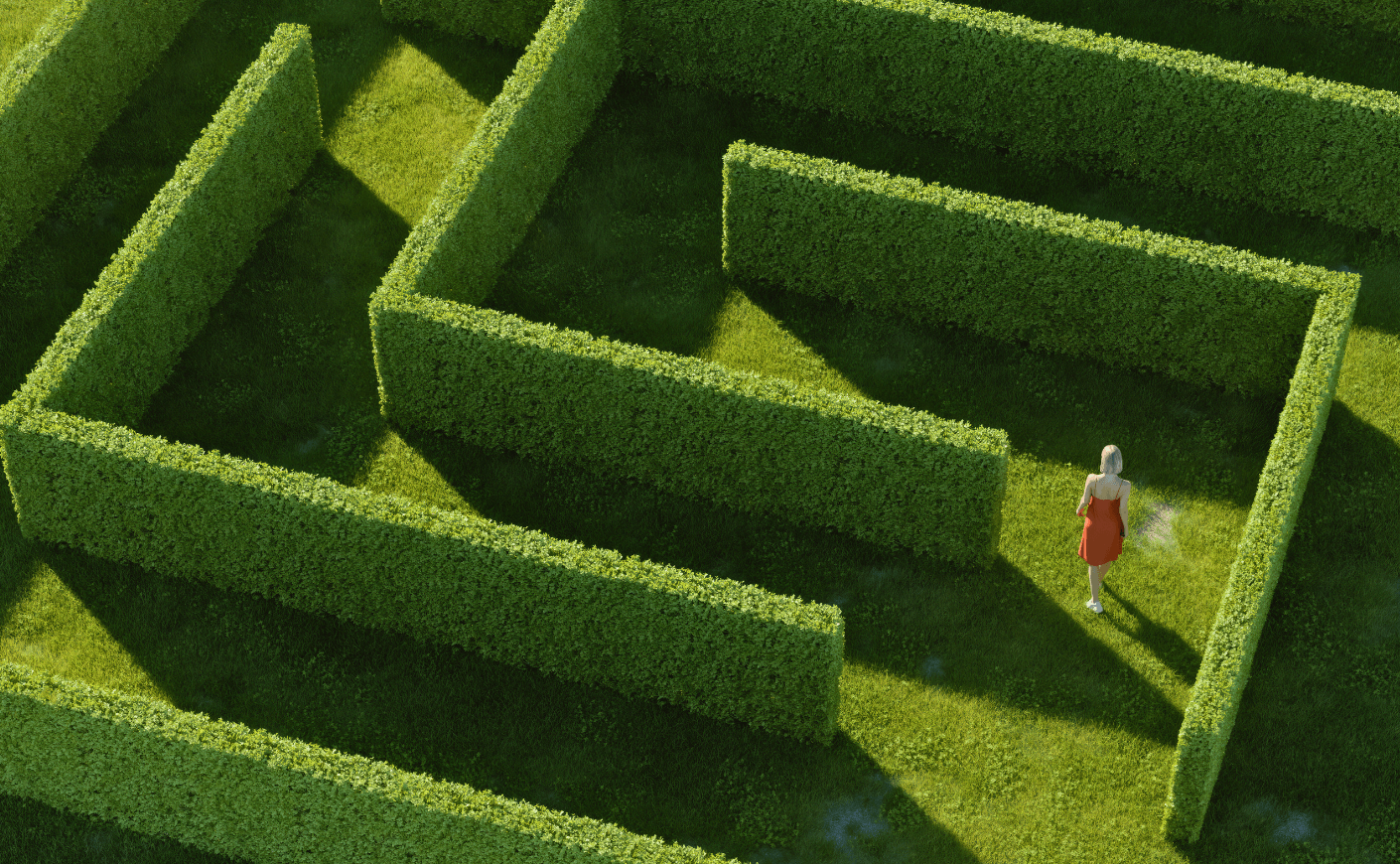 woman in a hedge maze