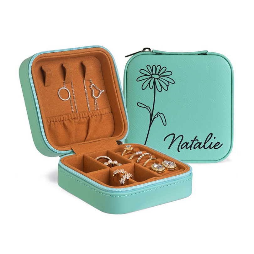 Birth Flower engraved Jewelry Travel Case with Her Name