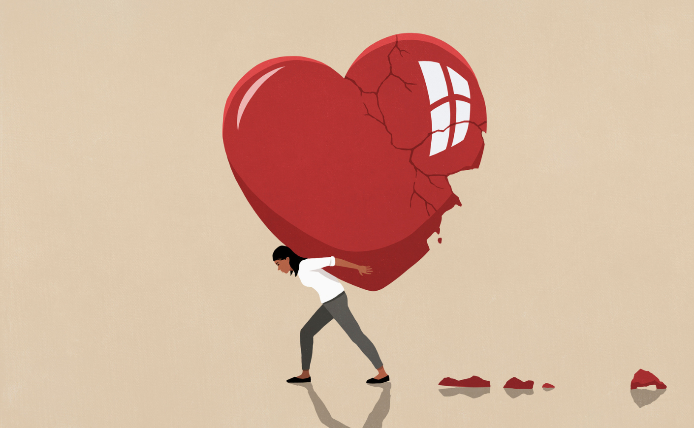 Illustration of a woman carrying a giant broken heart on her back