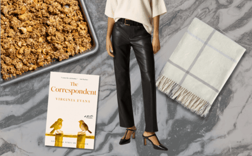 granola, book, leather pants, and blanket