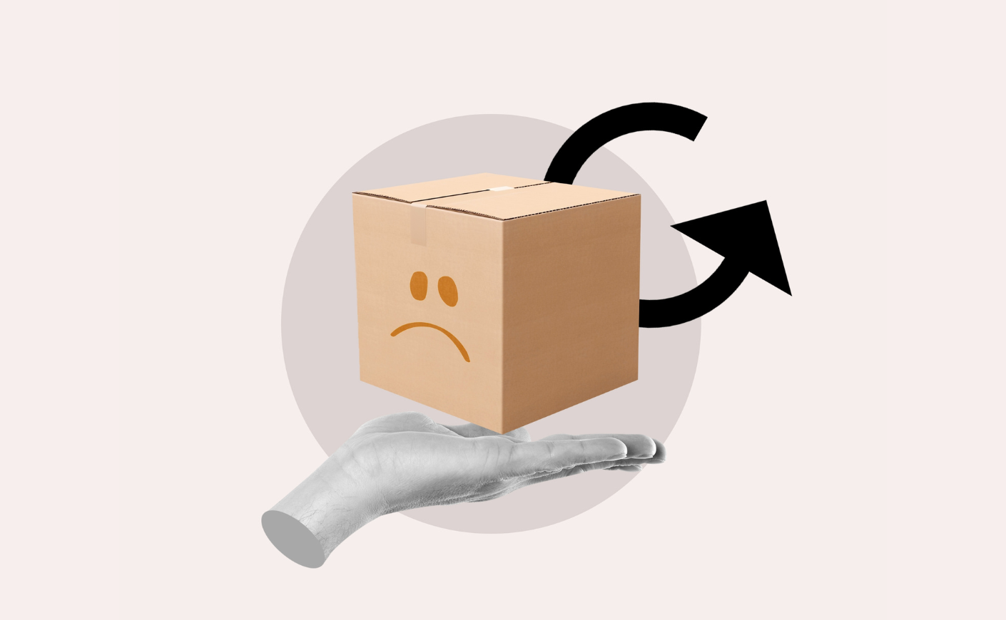 A box with a frowny face on it on top of an outstretched hand, with an arrow indicating it's being returned