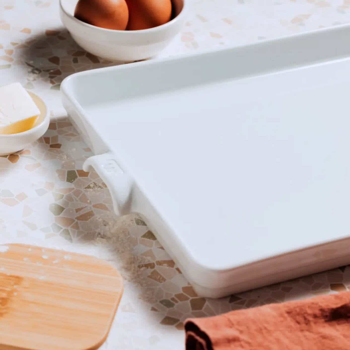 A white baking "slab" on a counter.