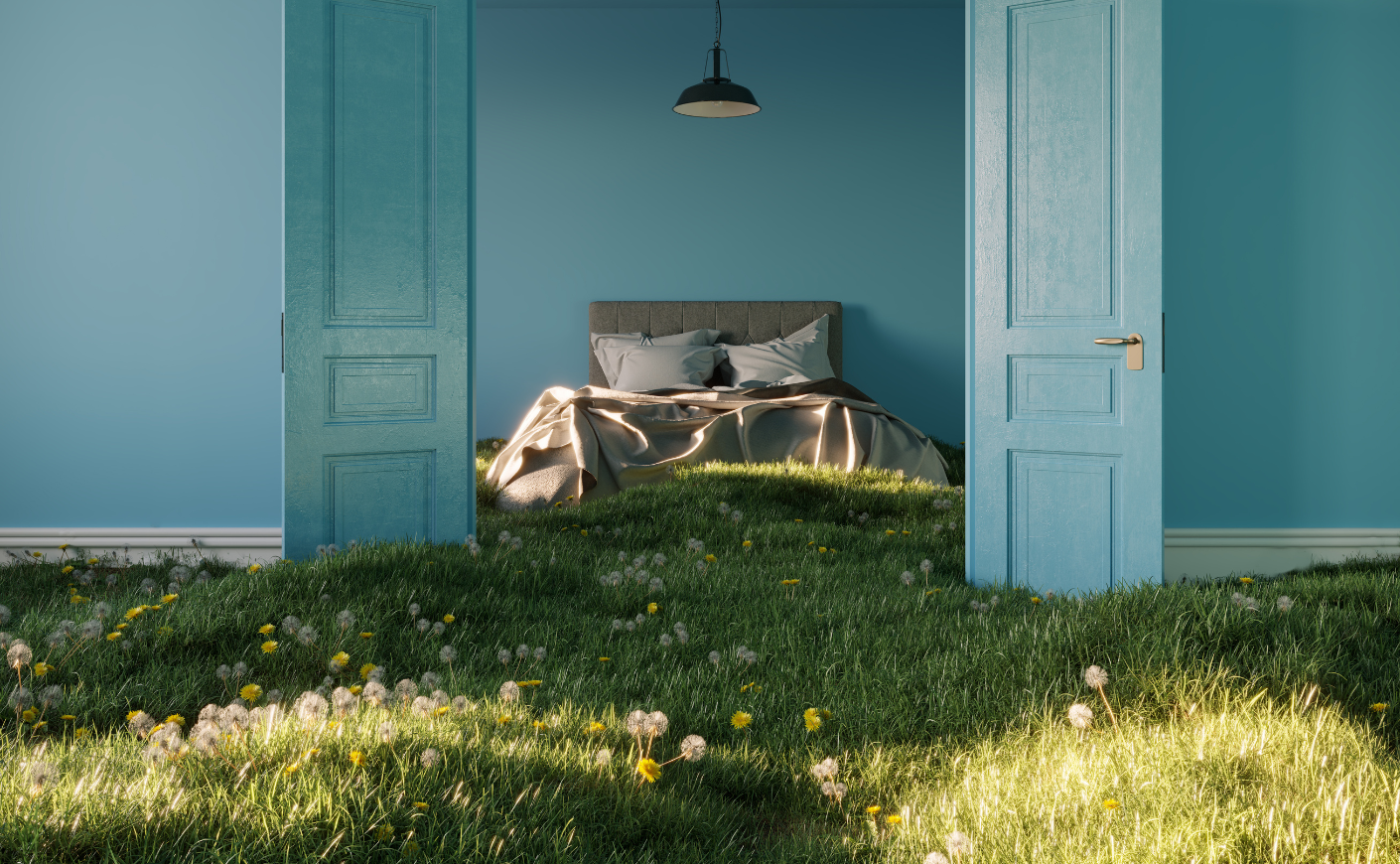 Surreal image of a bedroom with grass and flowers growing on the floor