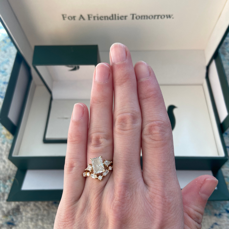 Close-up of an engagement ring and wedding band