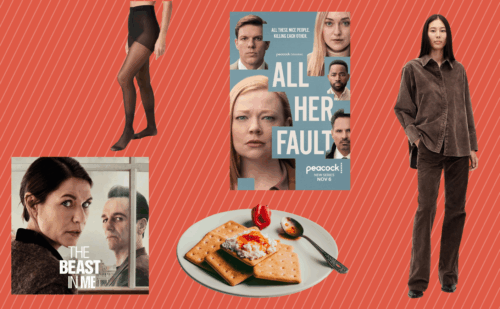 a collage of TV shows, Gap pants, and food