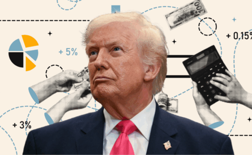 Trump in front of drawings related to the economy