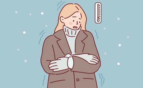 illustration of a woman shivering as it snows around her and a thermometor indicates severe temperature