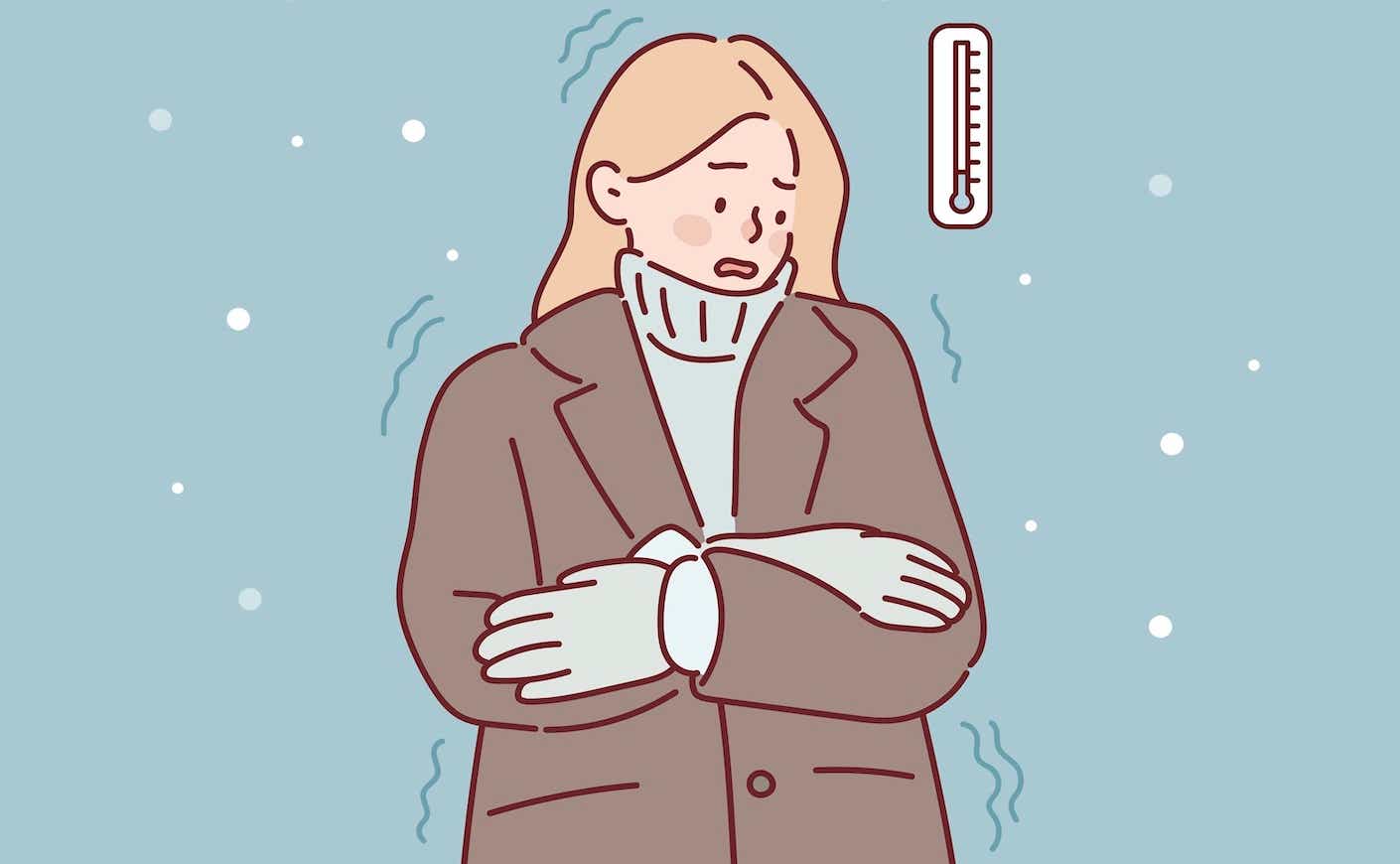 illustration of a woman shivering as it snows around her and a thermometor indicates severe temperature