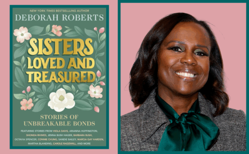 a book cover of sisters loved and treasured, next to a headshot of the author, deborah roberts
