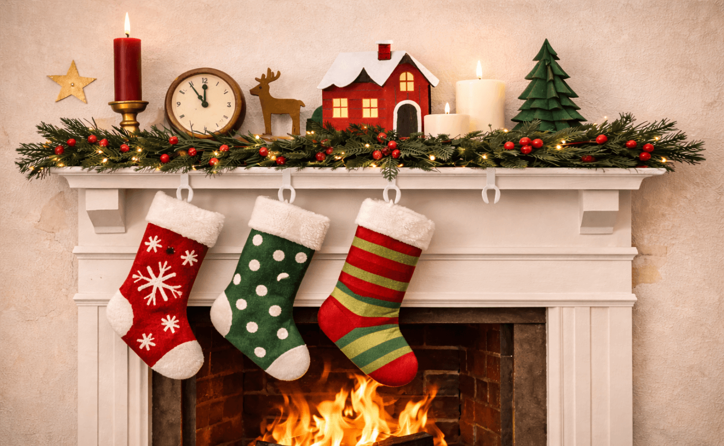 christmas stockings by a fire but one is missing