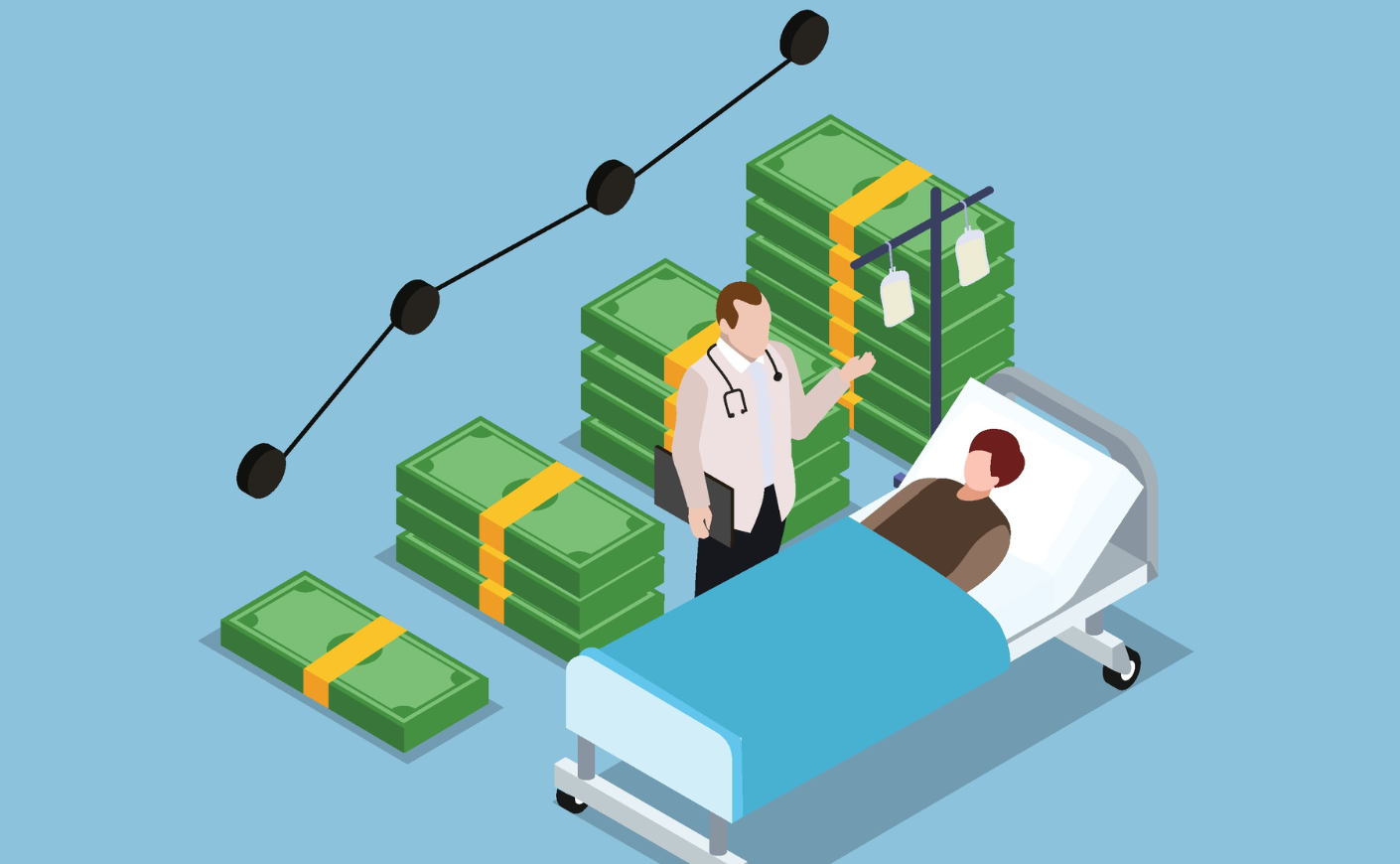 Illustration of a man in a hospital bed being seen by a doctor. Behind the doctor is a growing stack of money
