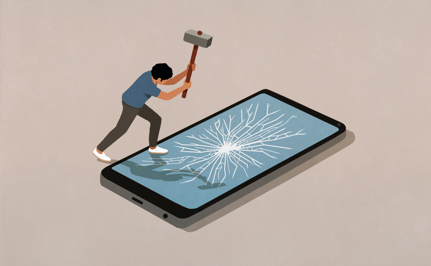 Illustration of a man smashing a giant smartphone screen with a hammer