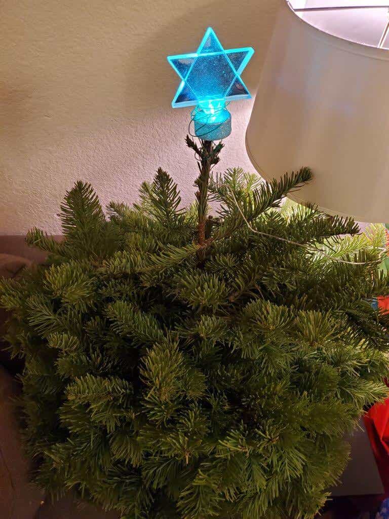 A Christmas tree with a Star of David topper.