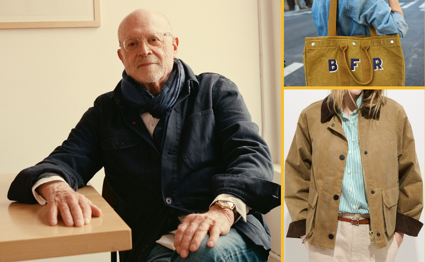 Mickey Drexler; an Alex Mill tote bag and jacket