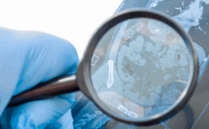 A person with a latex gloved hand looking at a scan of a person's intestines through a magnifying glass