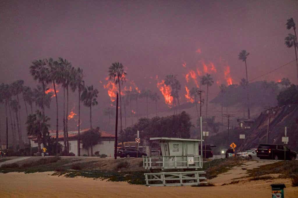 The L.A. fires raging on a beach.