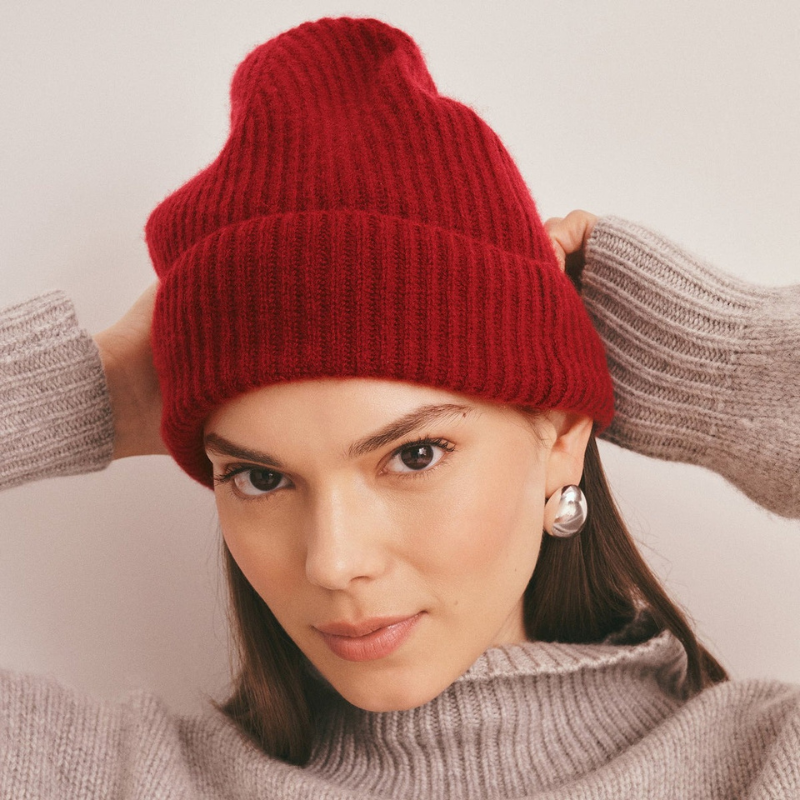 nadaam red beanie on model