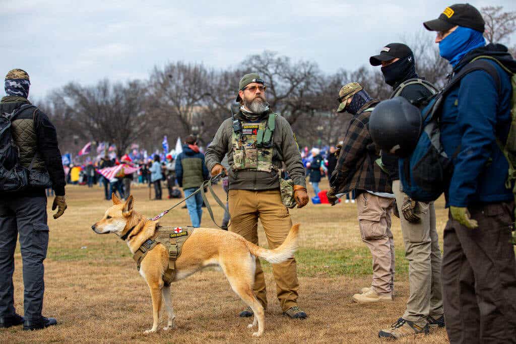 Men belonging to the Oathkeepers wearing military tactical gear attend the "Stop the Steal" rally on January 06, 2021 in Washington, DC.