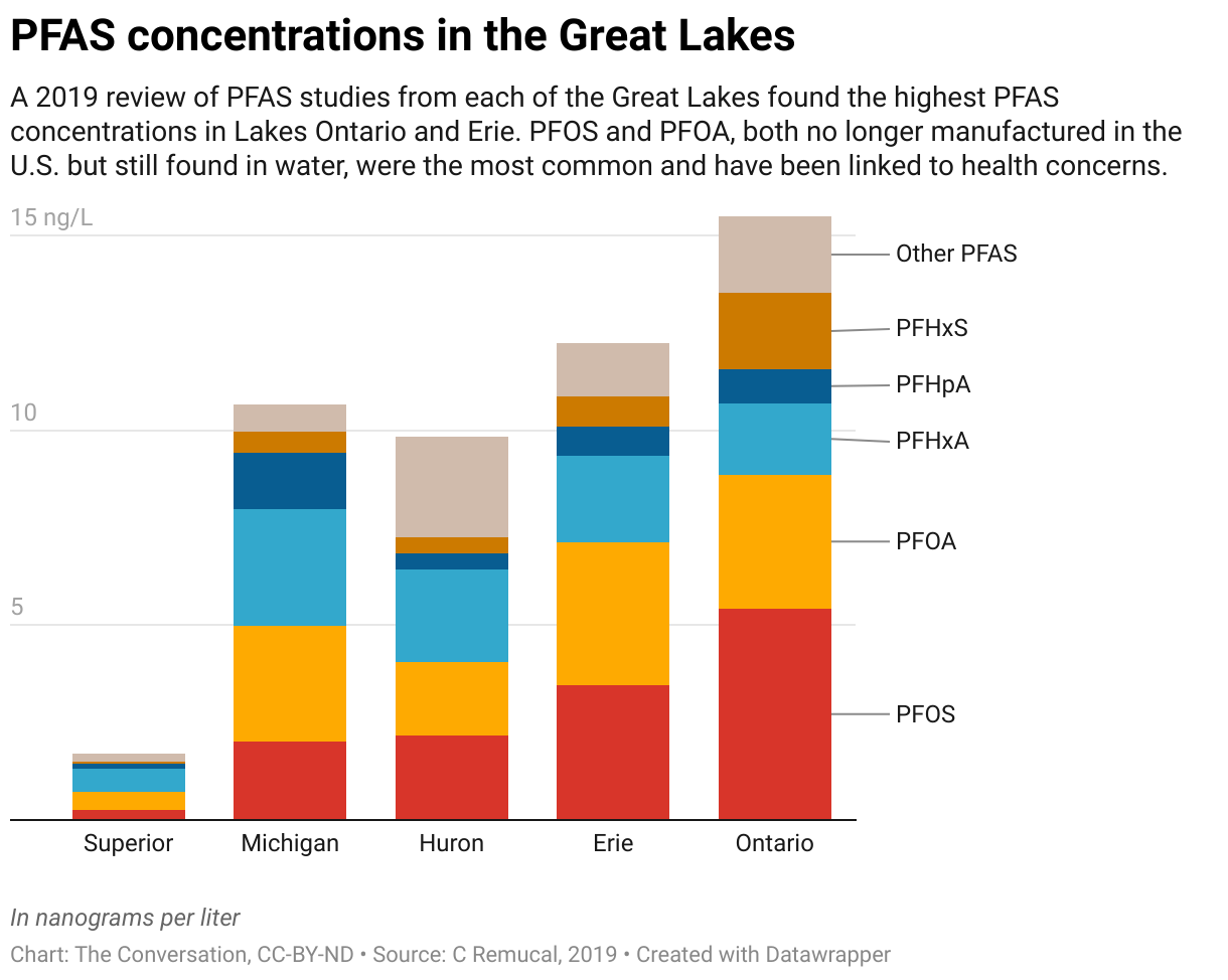 A chart illustrating a 2019 review of PFAs studies from each of the Great Lakes.