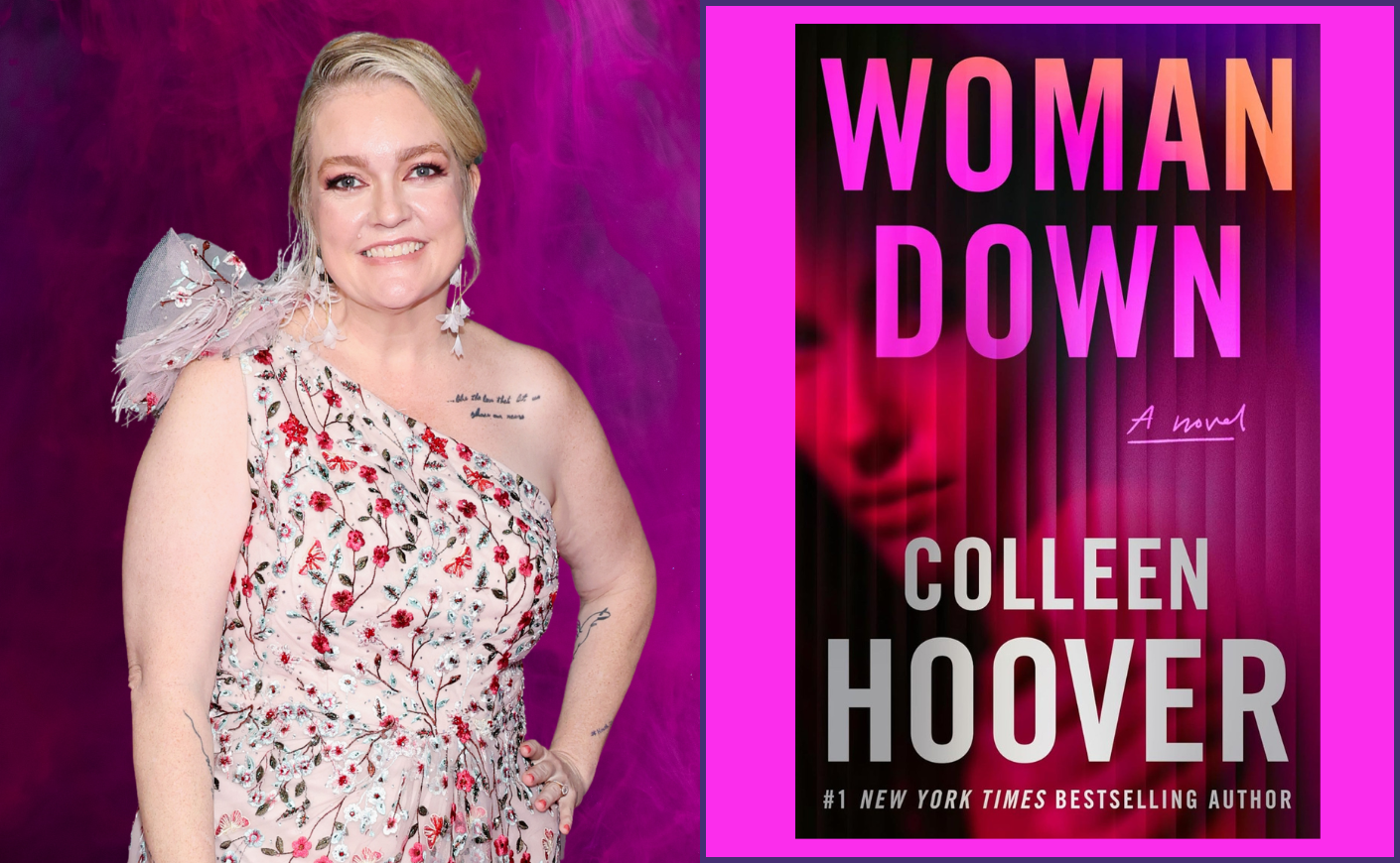 Colleen Hoover beside the Woman Down book cover