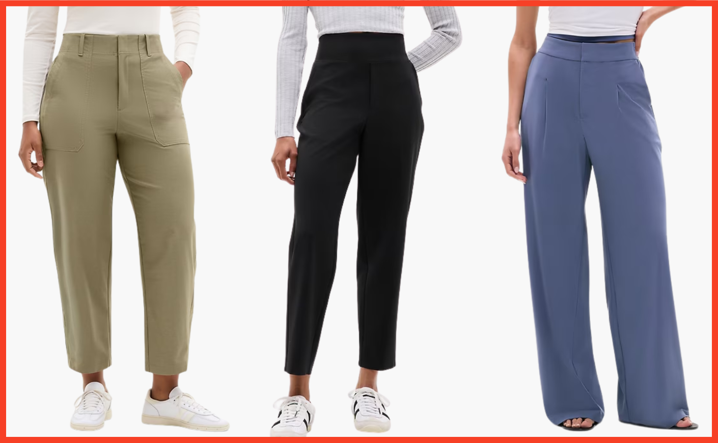 three models wearing different athleta pants in khaki, black, and blue