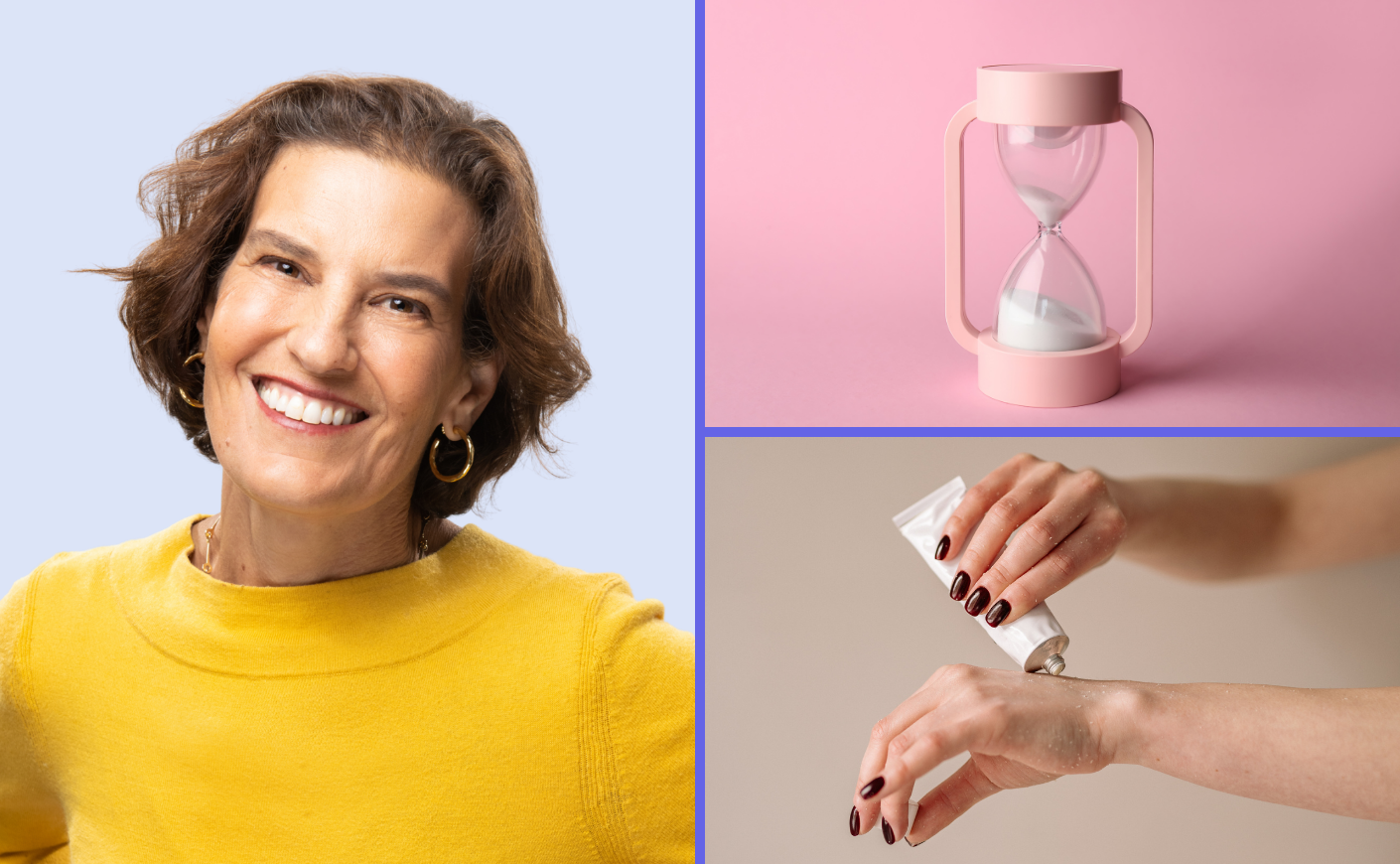 Midi Health CEO Joanna Strober; an hourglass over a pink background, a woman applying hormone cream