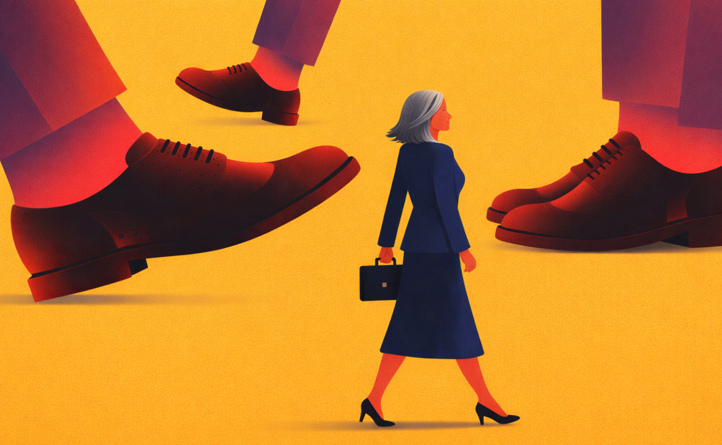 Illustration of a businesswoman with grey hair surrounded by oversized feet in dress shoes, representing oppression at work