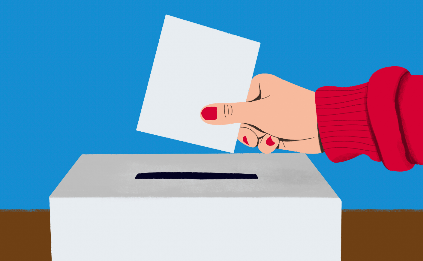Illustration of a woman's hand putting a vote into a ballot box