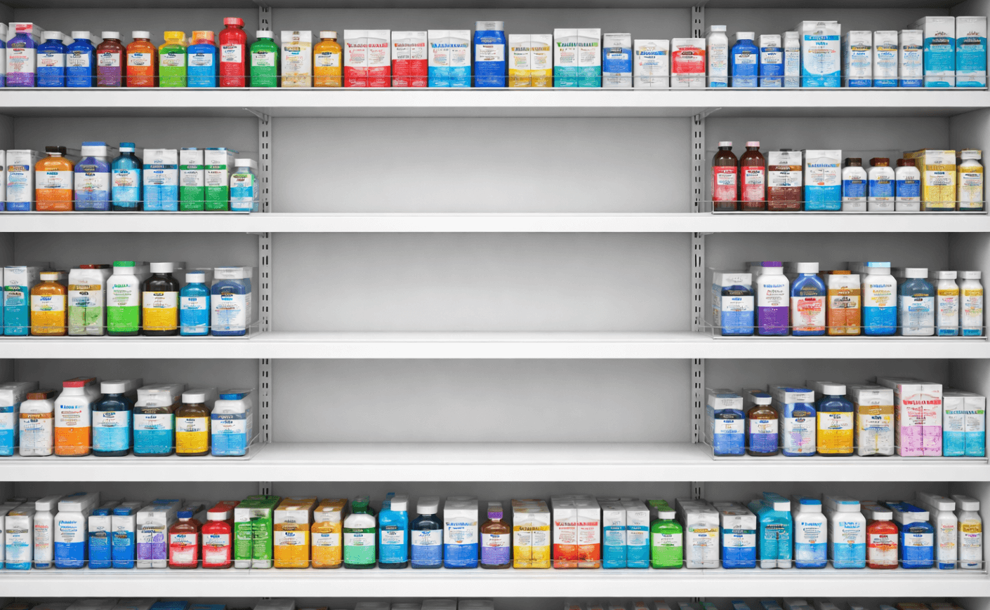 empty shelf at pharmacy with pills