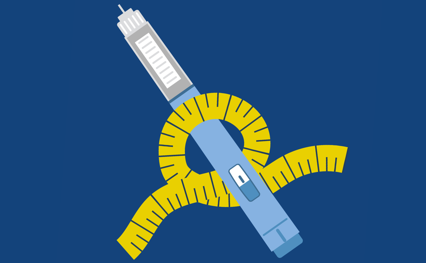 illustration of a GLP-1 shot with a tape measure wrapped around it