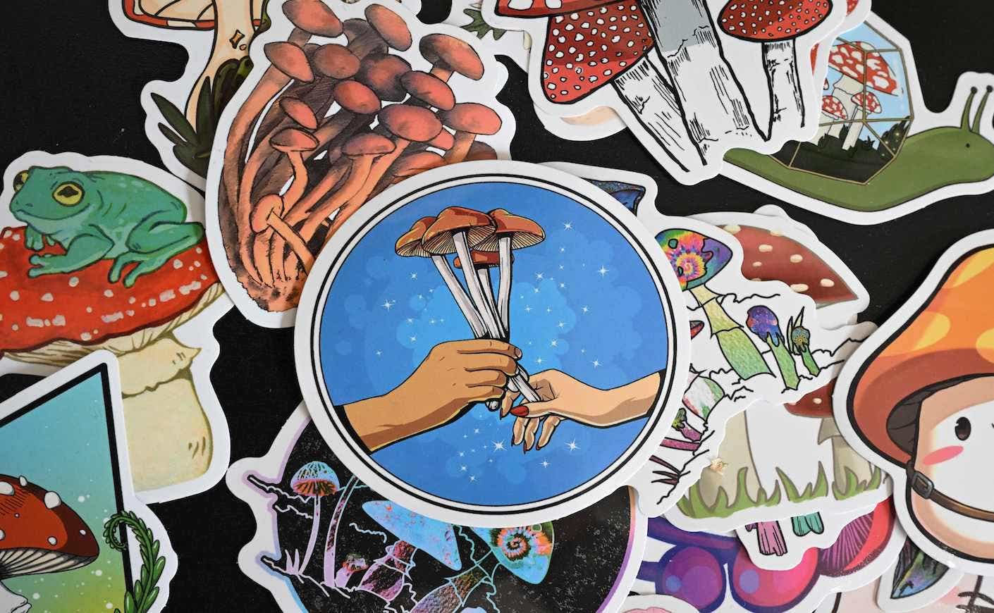 Decorative stickers are seen for sale at High Desert Spores, a shop which sells supplies to grow hallucinogenic and gourmet mushrooms, in Portland, Oregon,