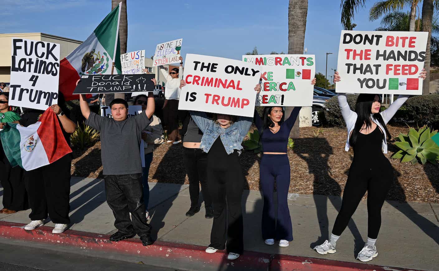 A large gathering of protesters demonstrates against anti-immigrant policies towards Mexicans living and working in the US and San Diego, in National City's Highland Avenue, San Diego County, on January 31, 2025