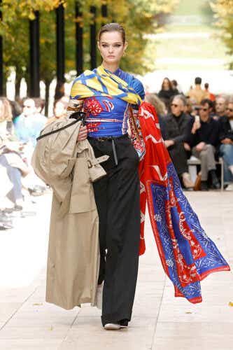 PARIS, FRANCE - OCTOBER 5: (EDITORIAL USE ONLY - For Non-Editorial use please seek approval from Fashion House) A model walks the runway during the Celine (Photo by Estrop/Getty Images)