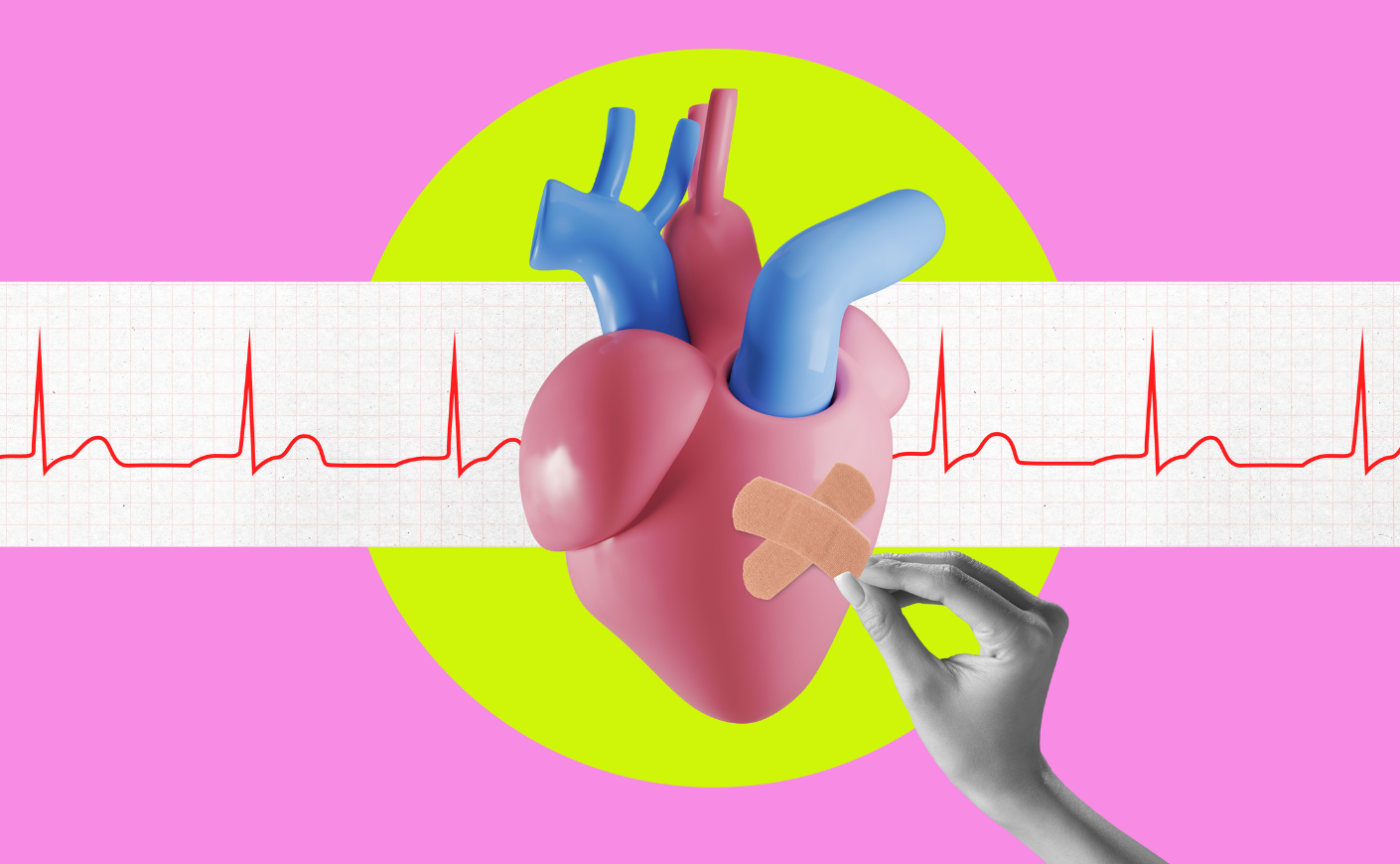 A hand placing bandages on a human heart, with an EKG graph in the background