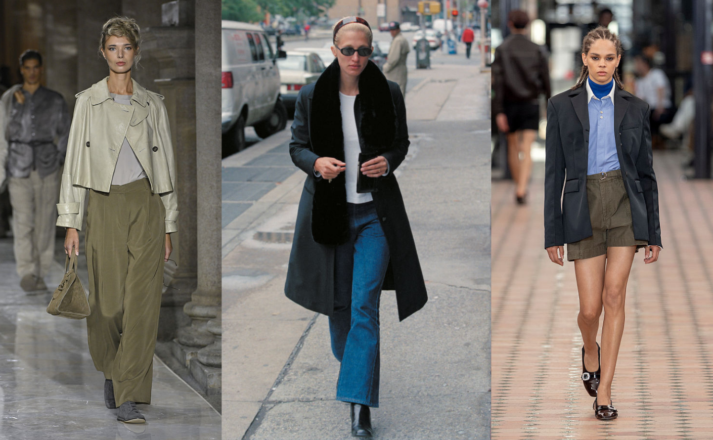 Model walking for Giorgio Armani, Carolyn Bessette-Kennedy, and model at Wales Bonner.