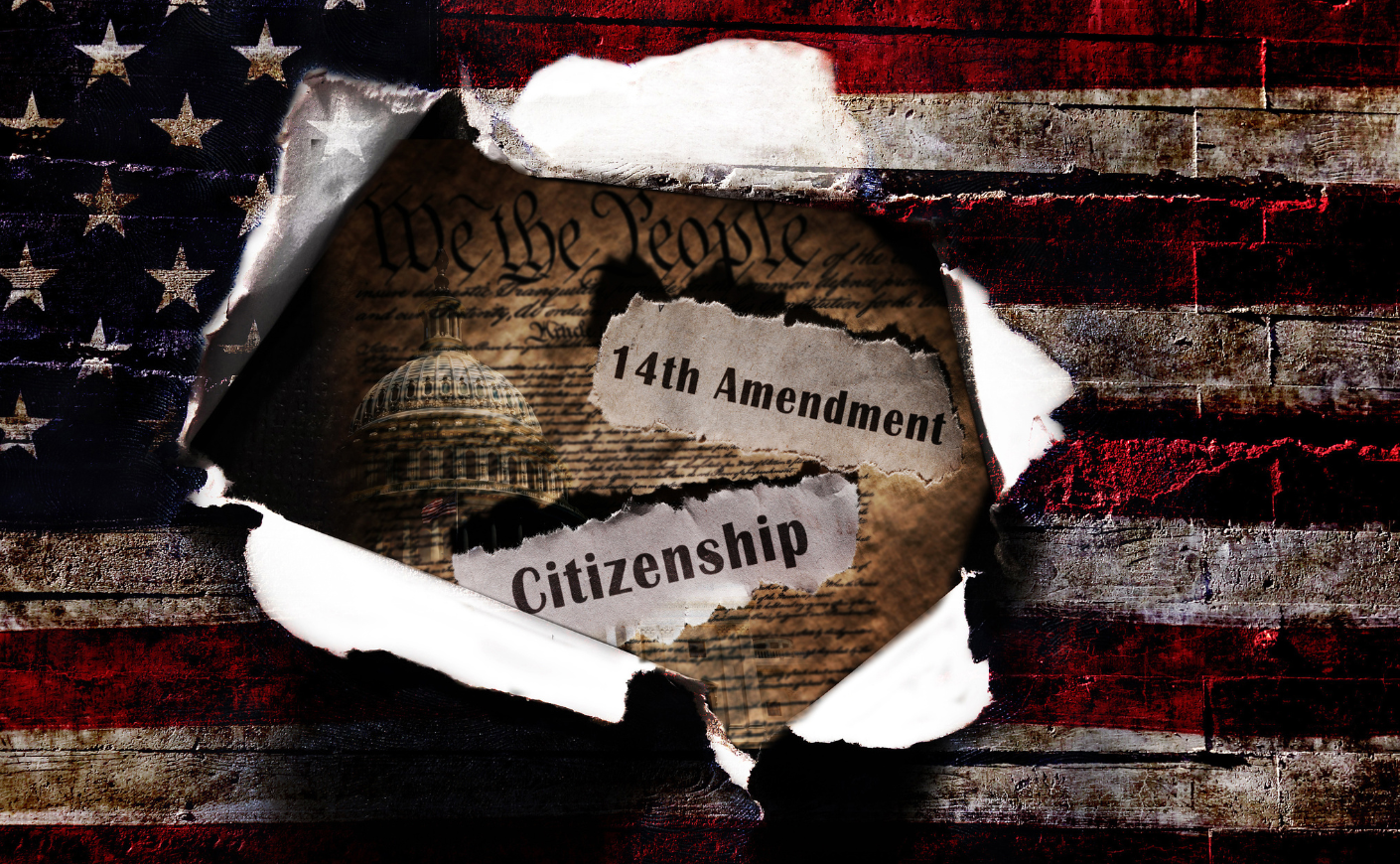 American flag with a hole and US Constitution 14th Amendment Citizenship headlines