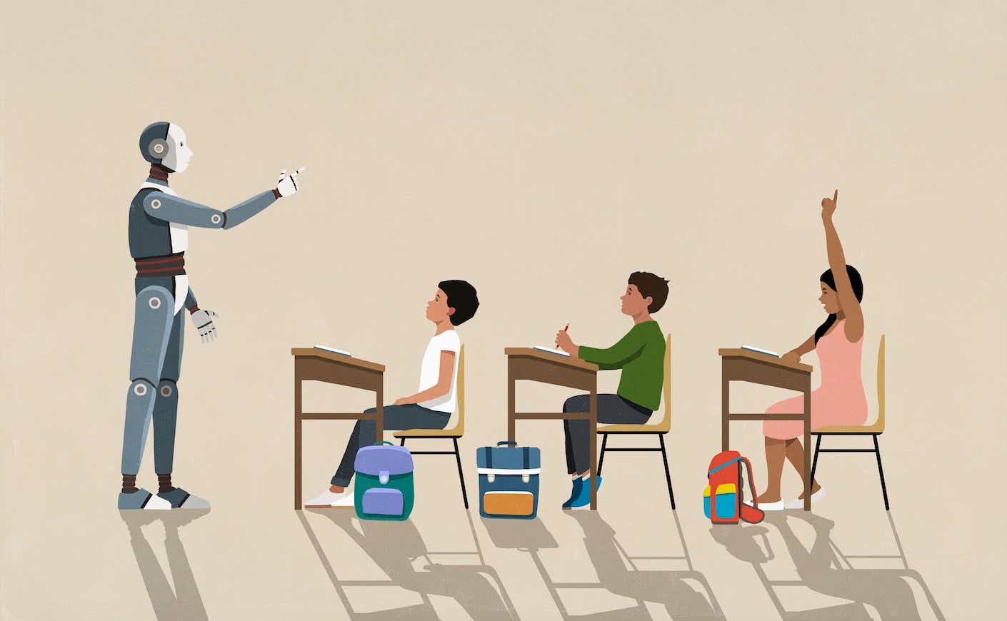 illustration of a robot teaching a classroom of kids