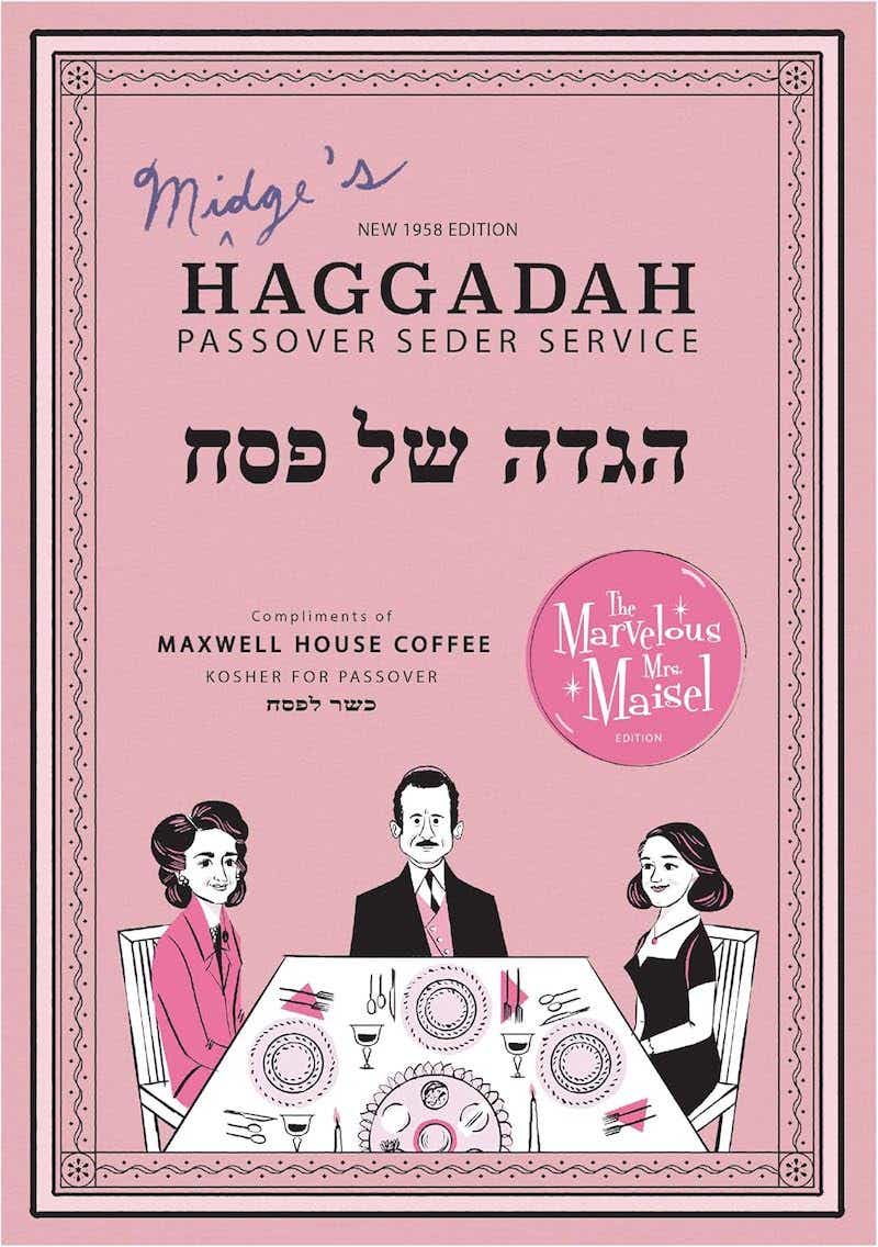a pink haggadah with cartoon versions of the cast of The Marvelous Mrs. Maisel.